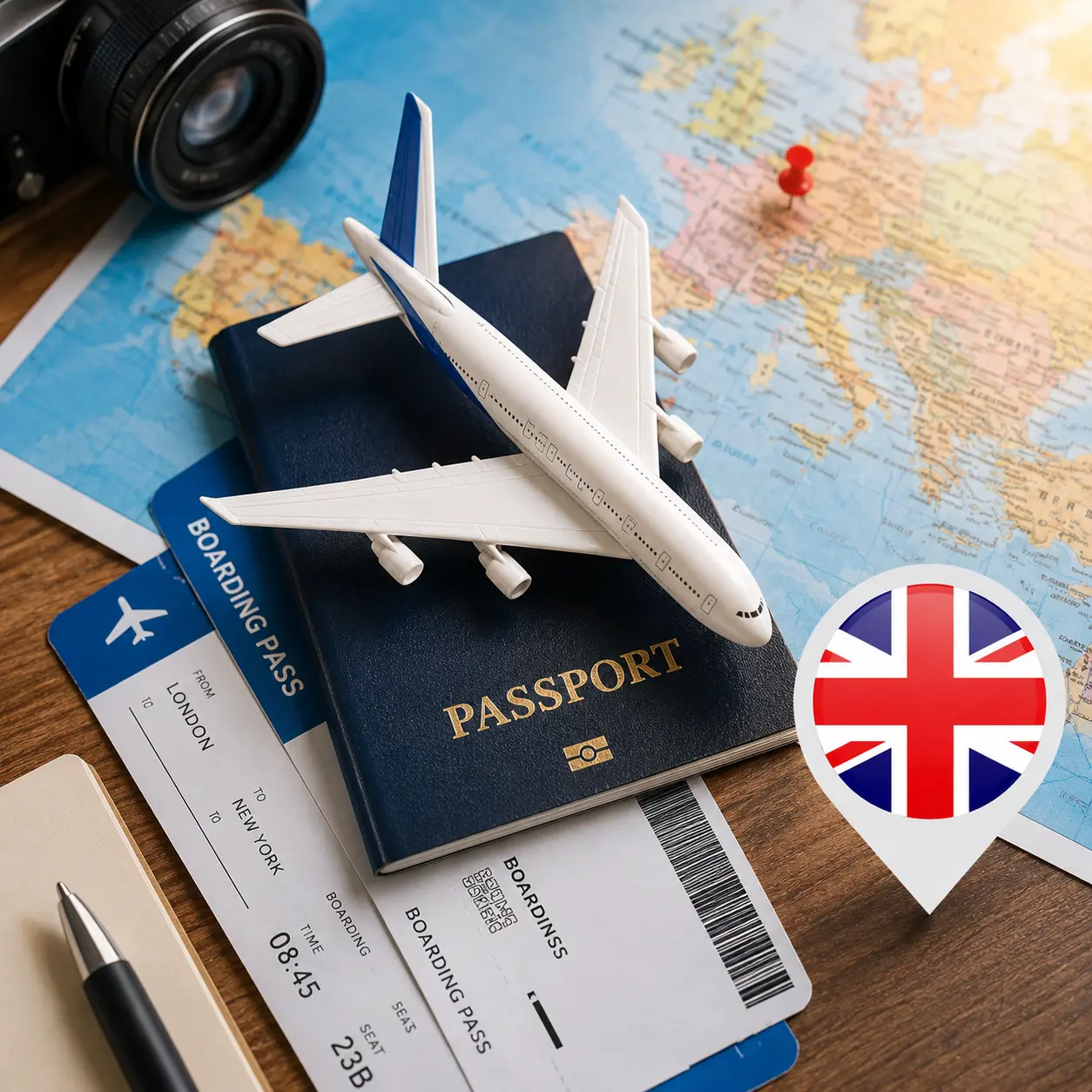 Refuge travel document with uk flag and map
