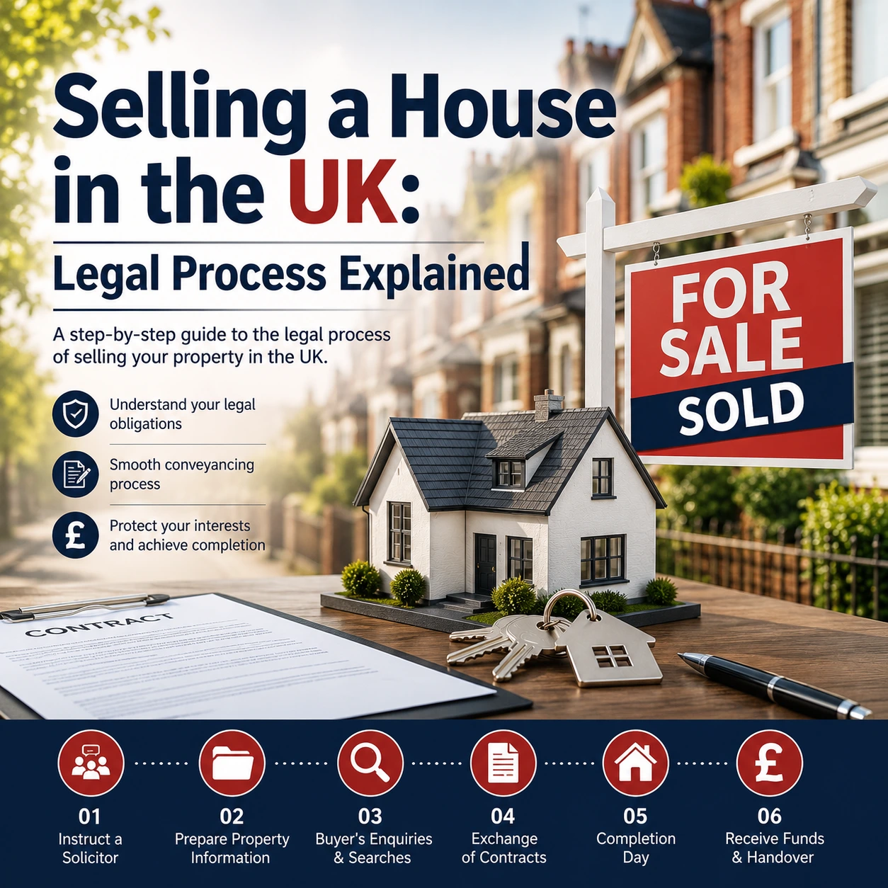 Selling a House in the UK: Legal Process Explained infographic featuring a sold property sign, house model, keys, contract documents, and UK residential homes.