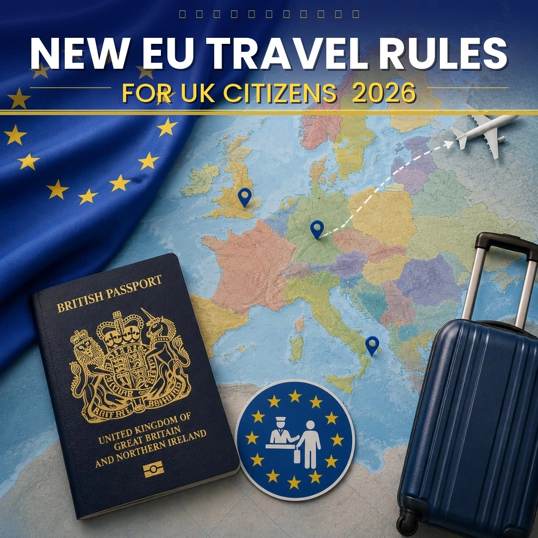 "A flat-lay composition featuring a British passport, a blue EU flag, a colourful map of Europe with location pins, a blue suitcase, a toy airplane, and a border control icon.