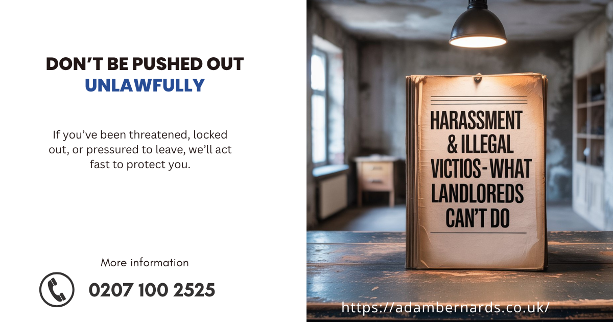 Worried tenant standing outside a London flat door with an eviction notice, symbolising landlord harassment and illegal eviction