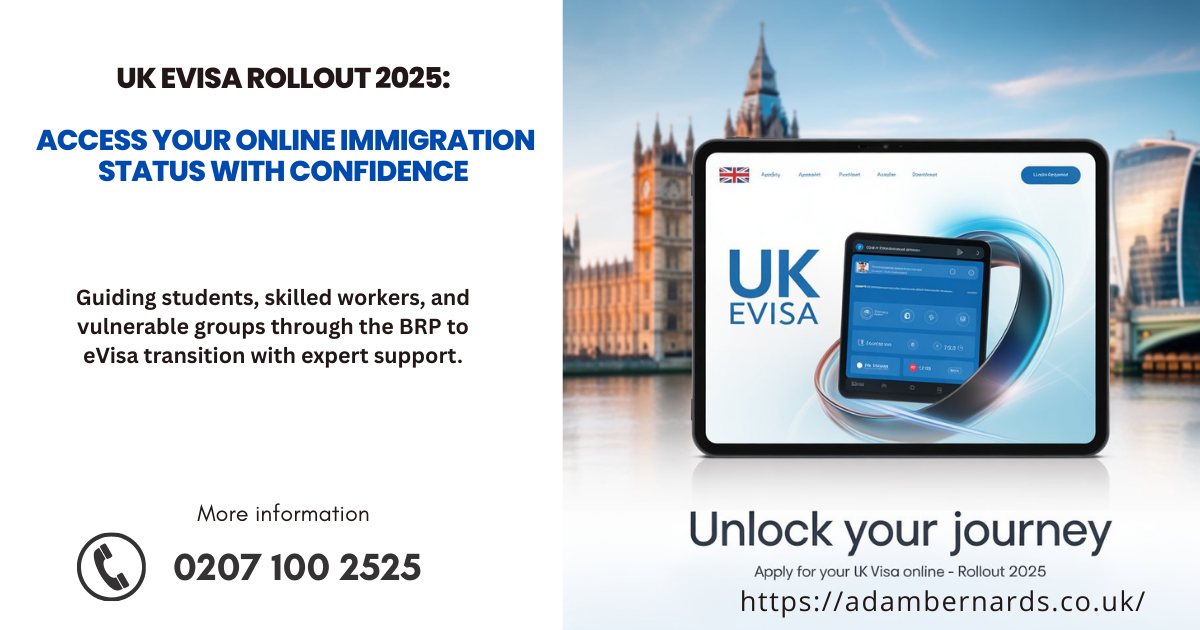 "UK eVisa digital immigration system accessed online, supported by Adam Bernard Solicitors"