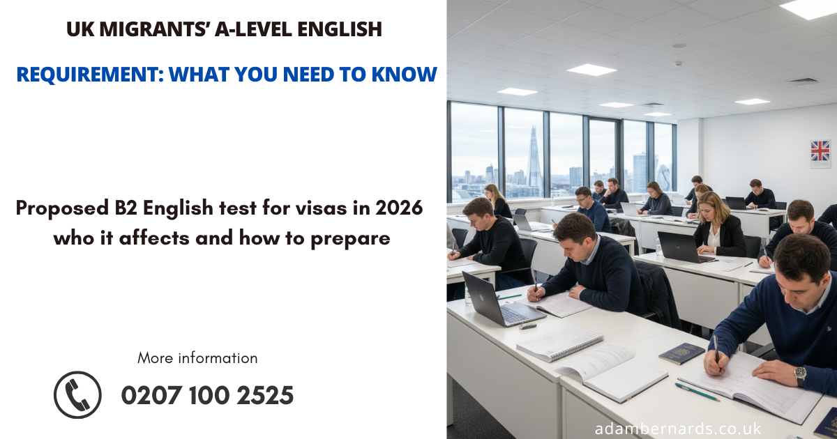 Diverse group of migrants sitting in a UK exam hall taking an English language test, preparing for the proposed visa requirement.