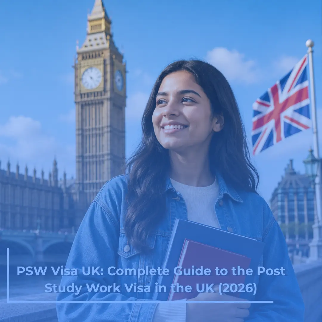 Young female student holding books near Big Ben and the Houses of Parliament in London, representing UK post-study work visa opportunities for international graduates.