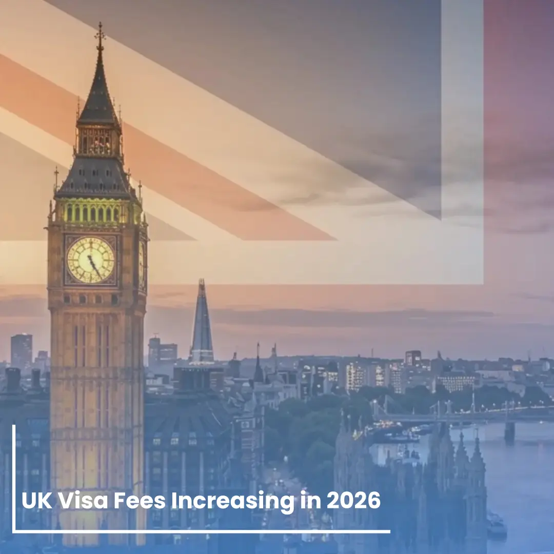 UK visa fees rising in 2026 shown with London Big Ben skyline and British flag background.