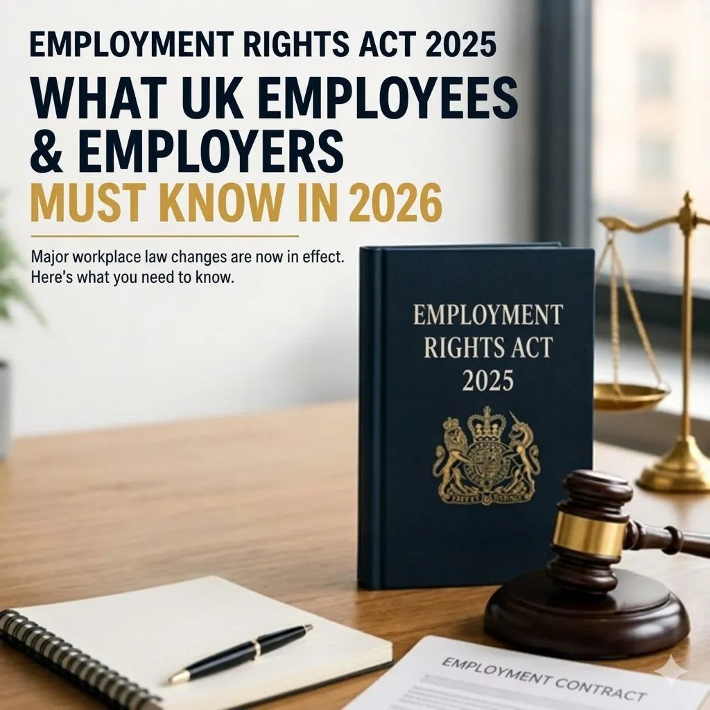 UK Employment Rights Act 2025 infographic explaining 2026 changes including day-one rights, statutory sick pay reforms, and employer compliance obligations in UK employment law.
