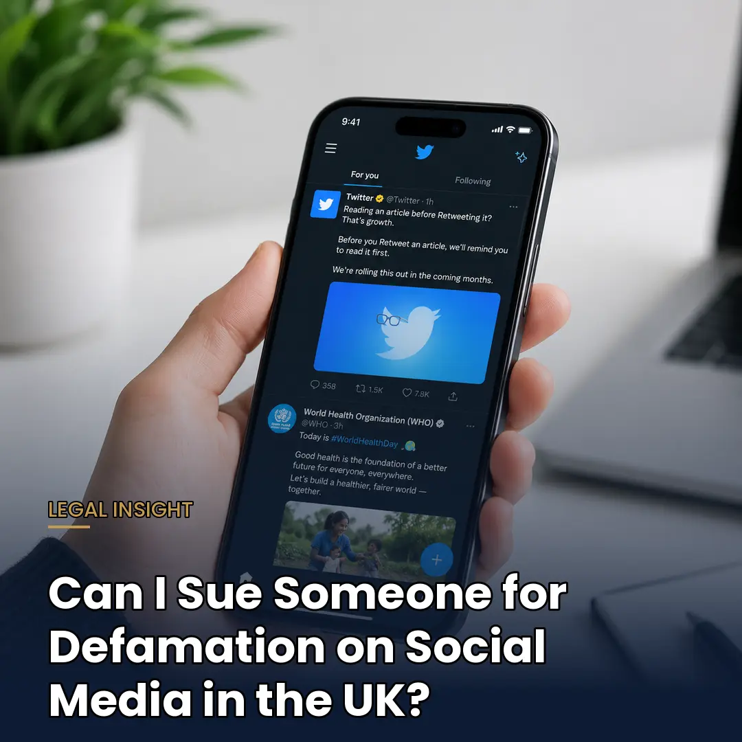 mobile with twitter open. text overlay, can i sue someone on defamation