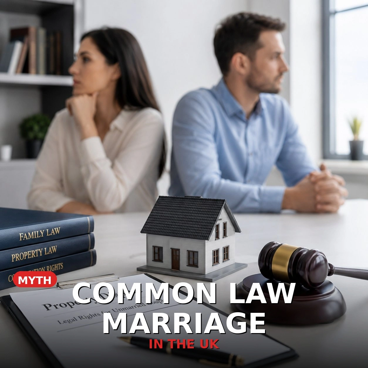 Couple sitting apart during a property dispute consultation with legal documents, house model and gavel in a UK family law office.