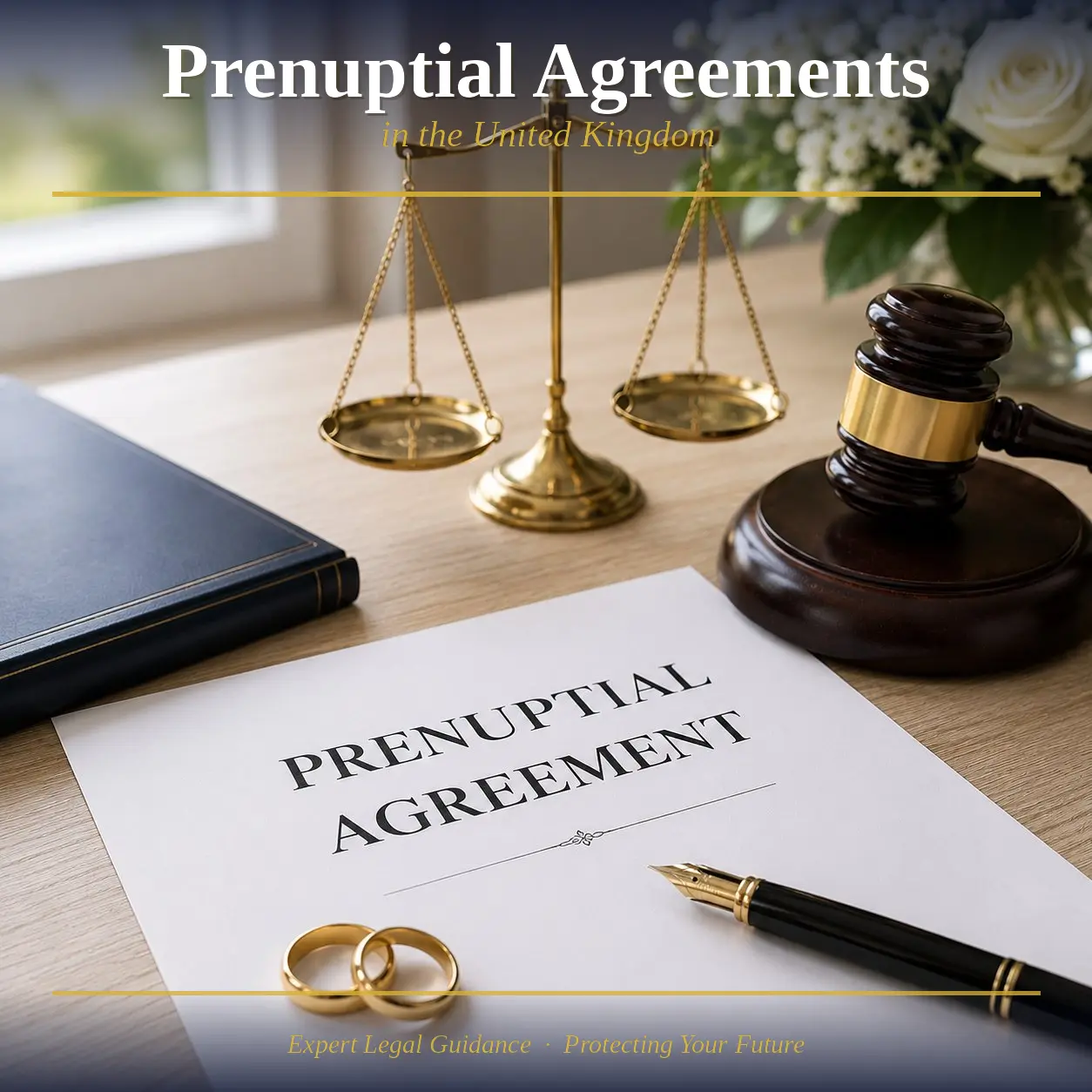 Prenuptial agreement document with wedding rings and legal symbols.