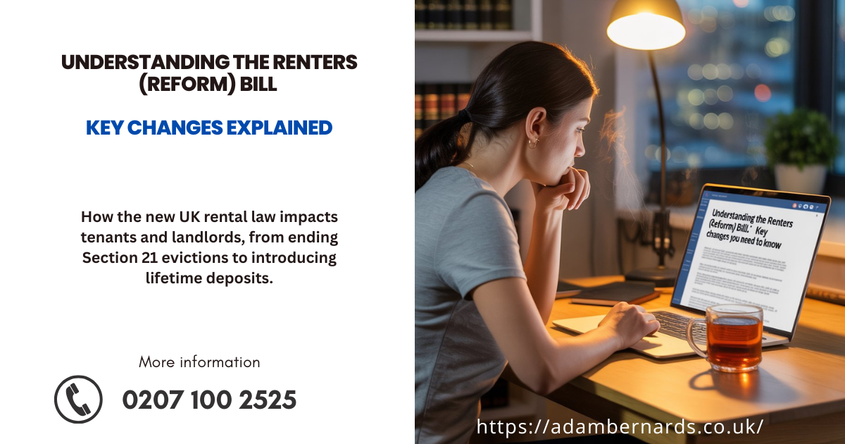 Young woman using a laptop to research the Renters (Reform) Bill and its impact on tenants and landlords in the UK.