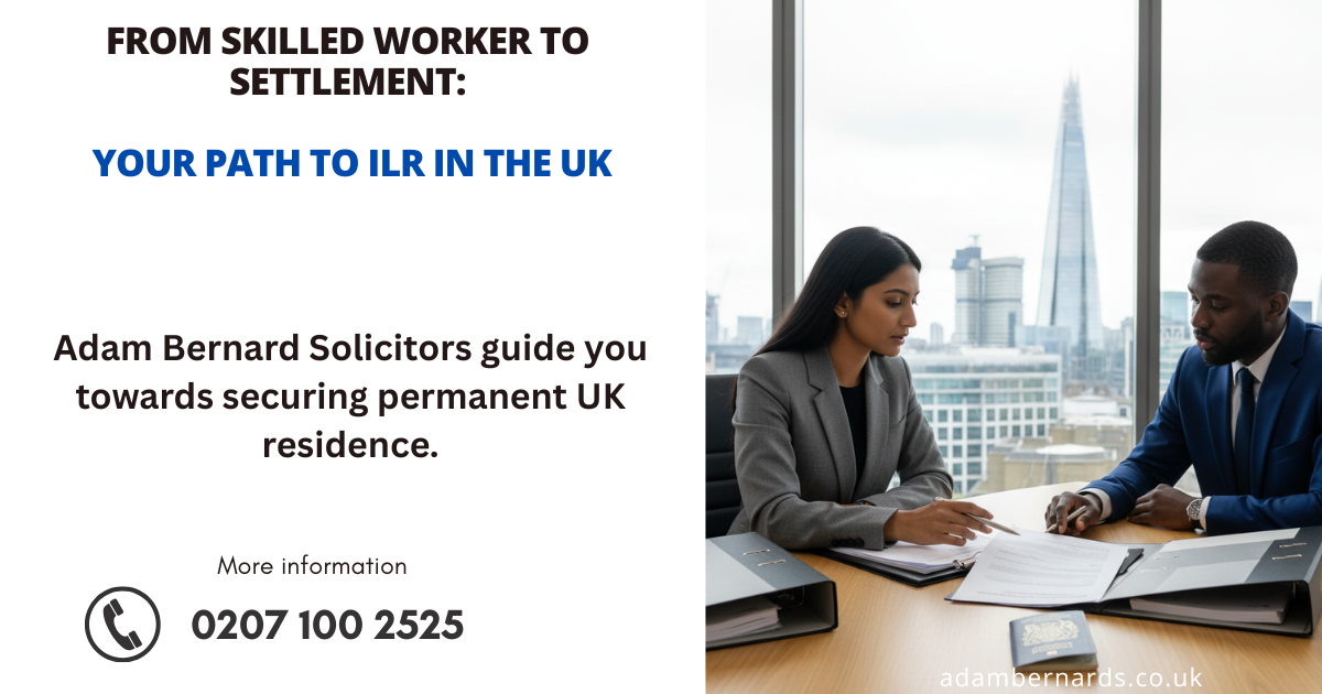 “Immigration solicitor reviewing ILR application documents with Skilled Worker visa client”