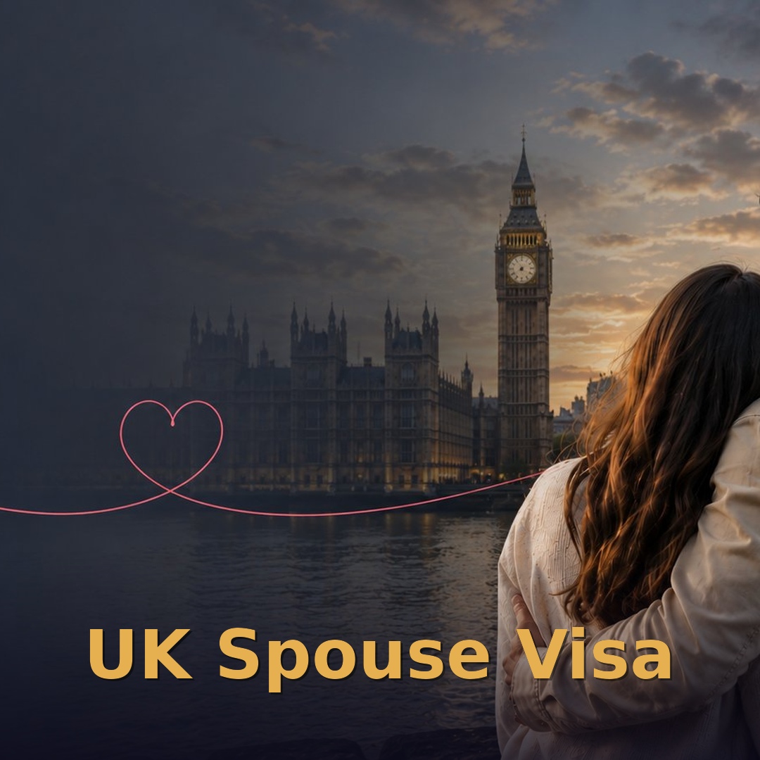 Uk spouse visa. text overlay with couple standing near thames river, watching big ben